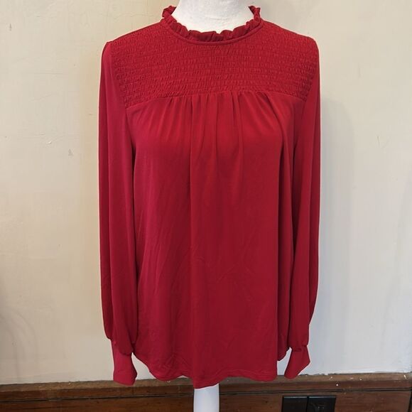 Adrianna Papell Red Smocked Ruffled long sleeve Blouse Size M EUC - Picture 3 of 8